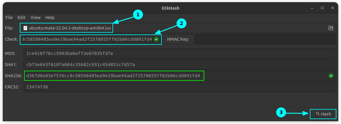 The steps needed to check hash of a file using GtkHash GUI. It also dislays the SHA-256 value is matched and verified successfully