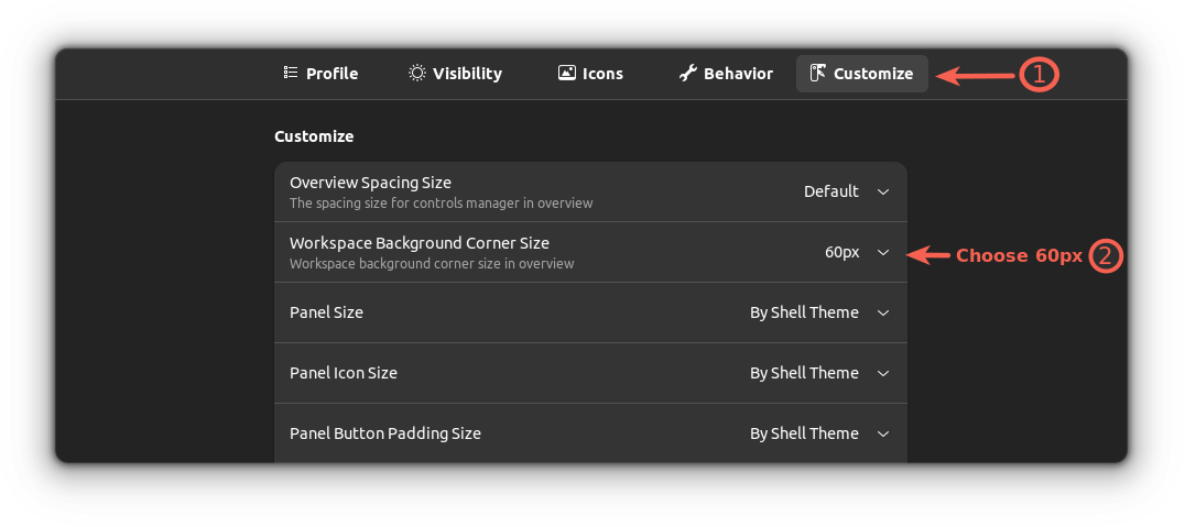 increse radius of workspace corners in GNOME Ubuntu