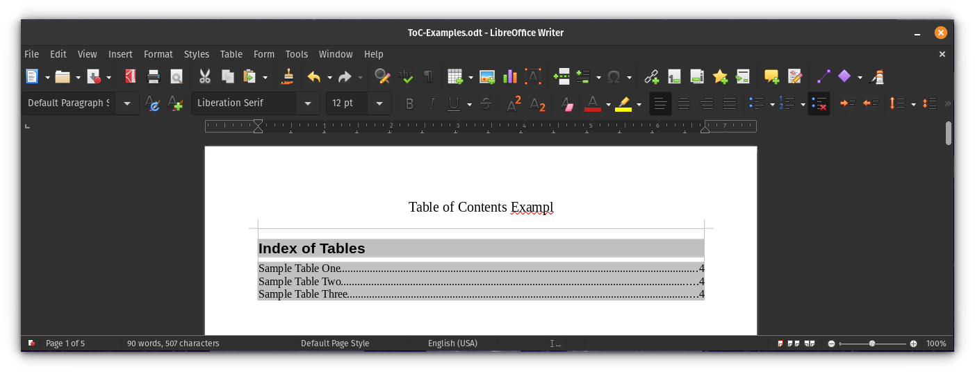 Create Table of Contents, Figures and Index of Tables in LibreOffice