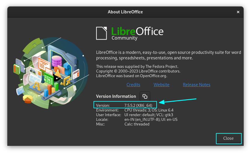 LibreOffice version details desplayed on its About Page