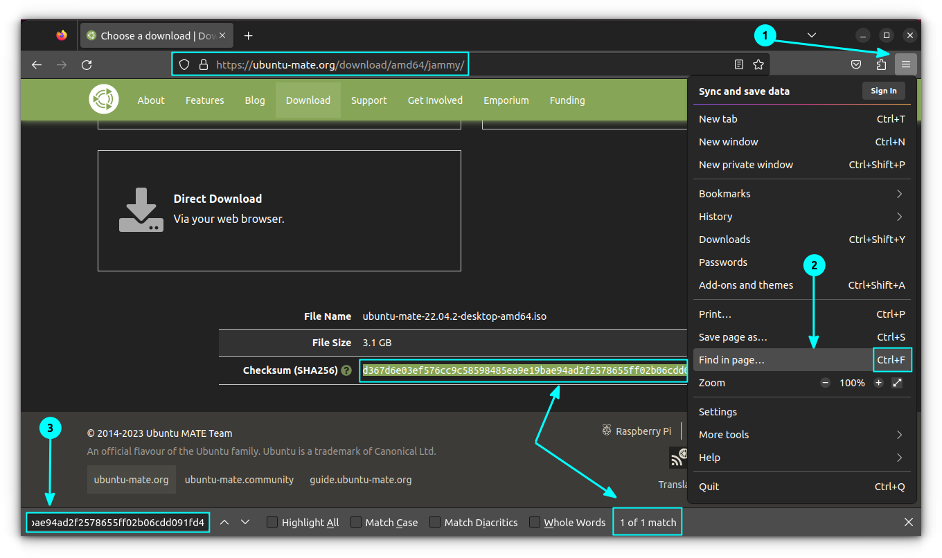 Check if SHA of MD5 values are matching using the Browser's find feature