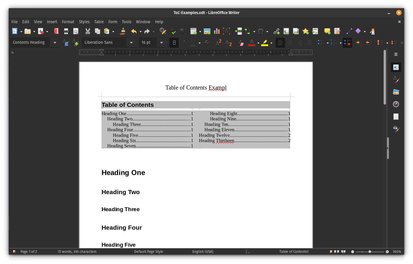 Create Table of Contents, Figures and Index of Tables in LibreOffice