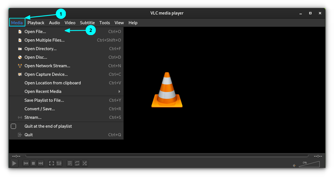 Ouvrir le fichier multimédia dans VLC à l'aide du menu VLC