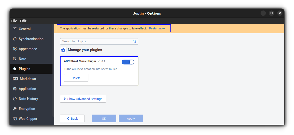 Joplin prompting to restart the app inorder to apply the plugins you have installed