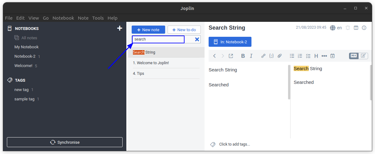 Search for a particular string or notes in Joplin among all the notes