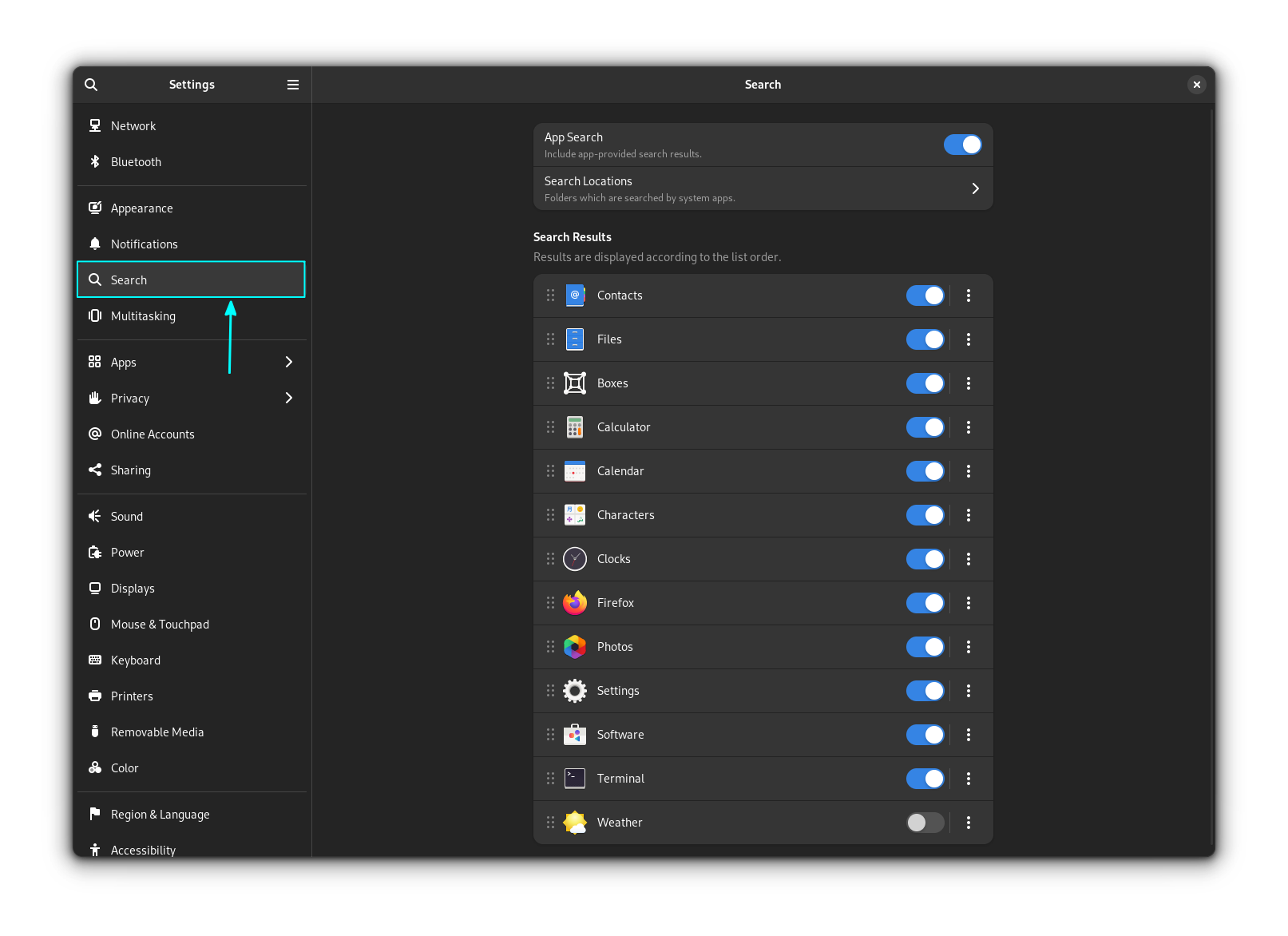 Open the searches tab in system settings