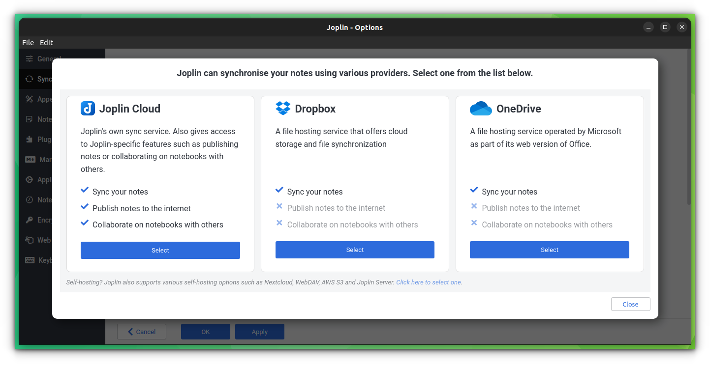 Various cloud sync targets in Joplin