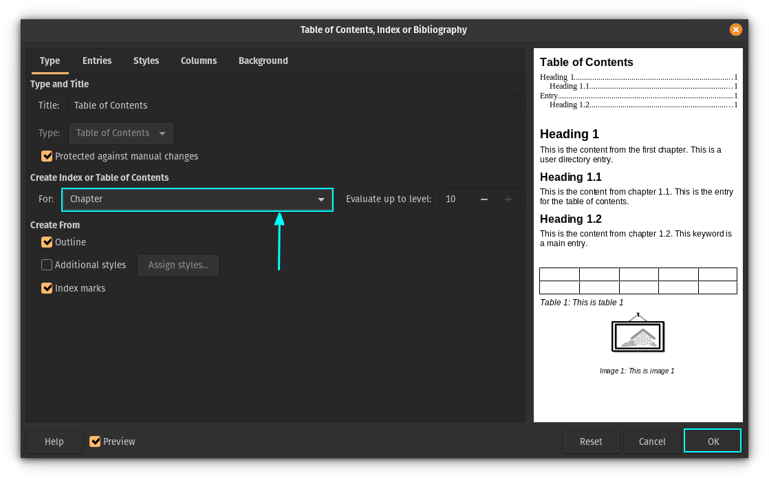 Create Table of Contents, Figures and Index of Tables in LibreOffice