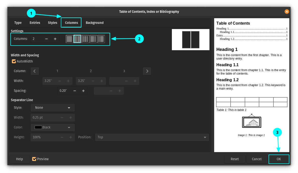 A Two column layout settings for Table of Contents