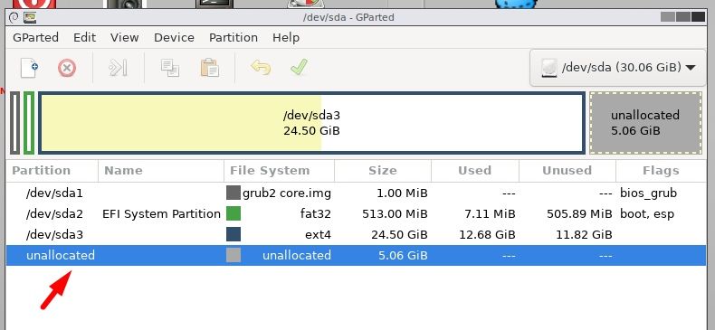 unallocated space gparted virtualbox