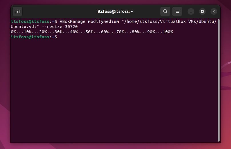 Increasing disk size in VirtualBox using Linux command line
