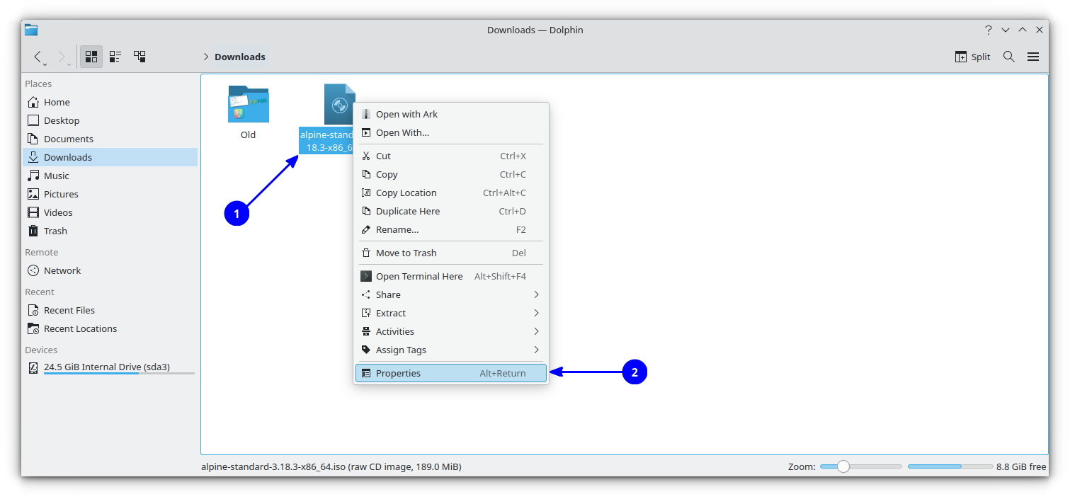 Right click on an ISO file and select Properties option