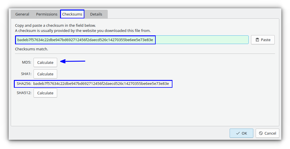 When the officially provided checksum value is pasted on the provided blank space, checksum is automatically calculated and verified