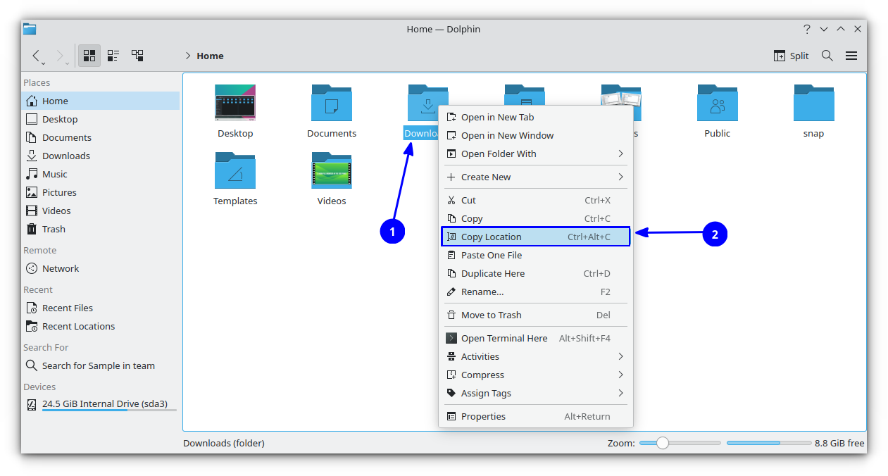 Right click on a file or folder and select Copy Location to copy its absolute location to your clipboard