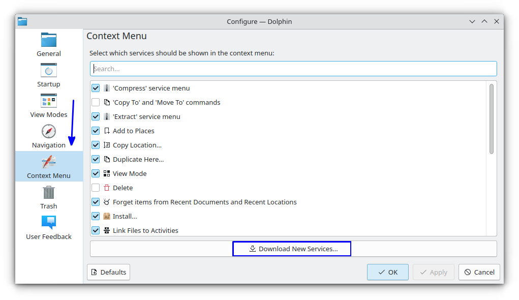 Configure the context menu using the "Context Menu" tab