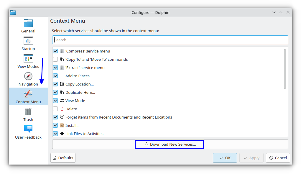 Configurez le menu contextuel à l'aide du "Menu contextuel" languette