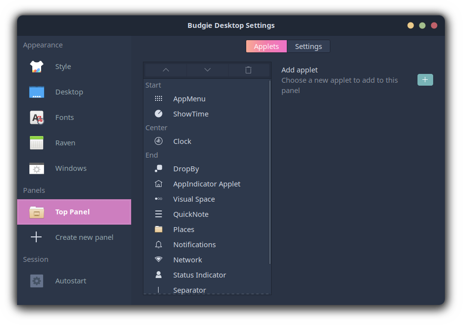 Access budgie desktop panel settings