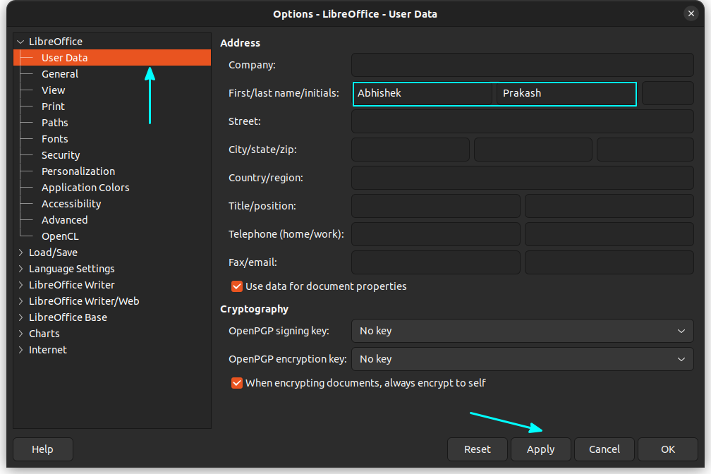 Under User Data, set the User's first and last name