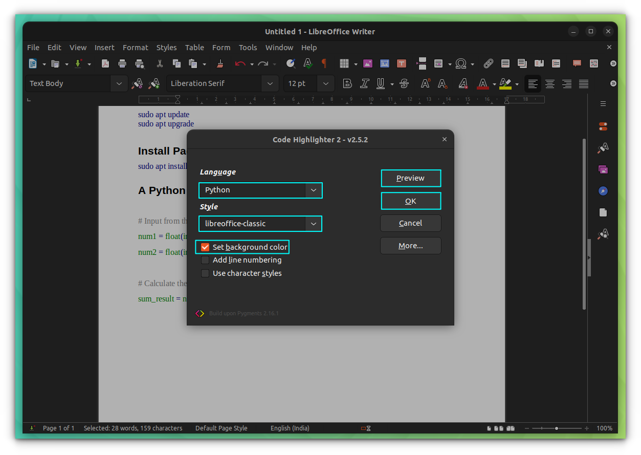 Various options provided by Code Highlighter 2 to highlight code block