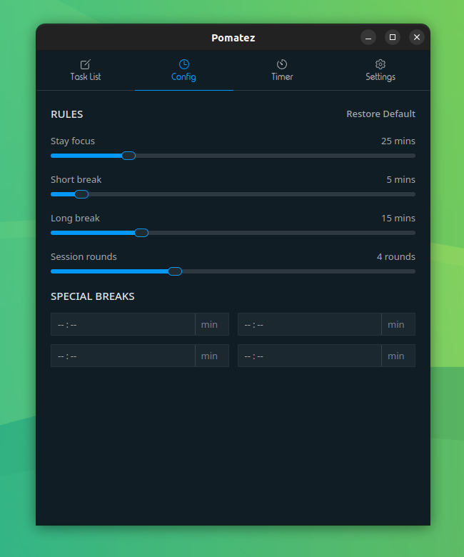 a screenshot of pomatez config page