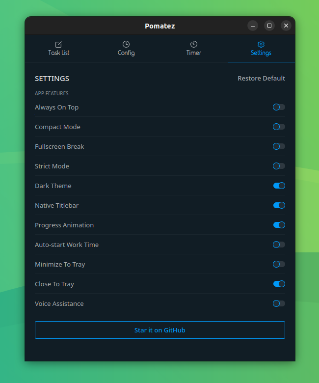 a screenshot of pomatez seettings