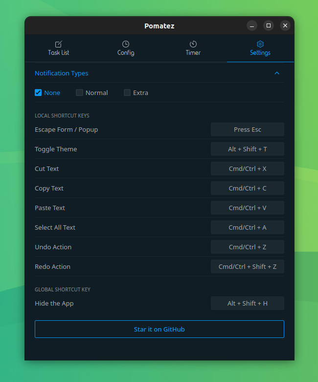 a screenshot of pomatez keyboard shortcuts