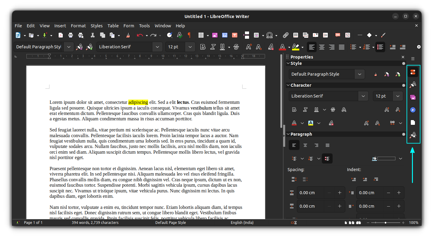 LibreOffice right sidebar in Writer, that shows various format options