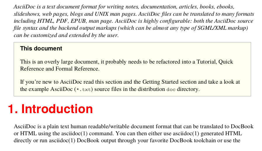 AsciiDoc PDF output generated from Apache FOP using a custom XSLT to display the first paragraph in italics and section headings in color