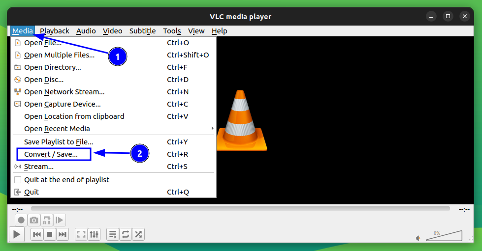 Select Convert/Save options from Media in VLC Main menu