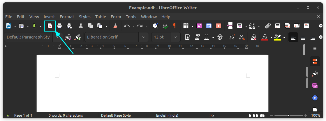 Click on Export to PDF button on the LibreOffice Toolbar to save document as PDF