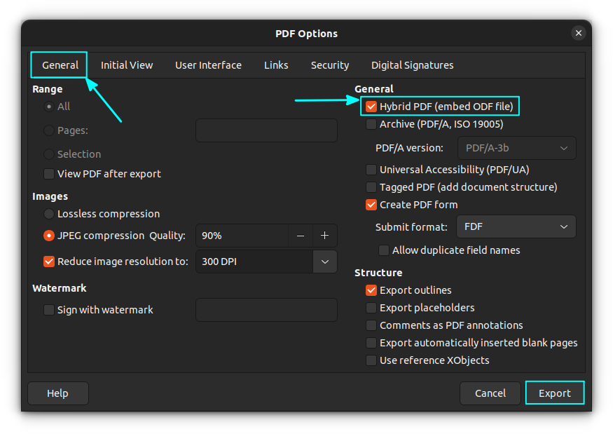 Select Hybrid PDF option under General tab