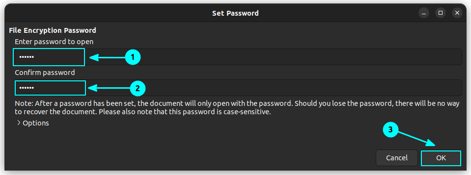 Enter and Confirm Password when asked during document save process