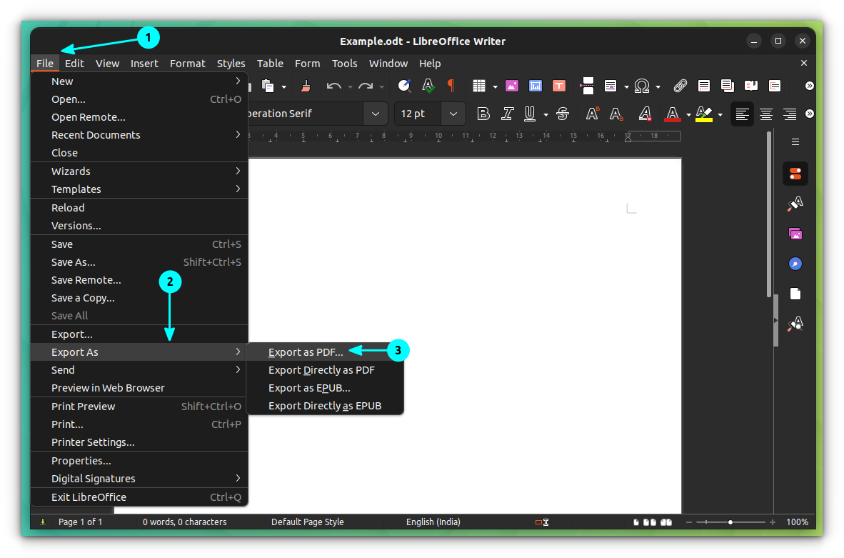 Click on File → Export as PDF from the LibreOffice Menu