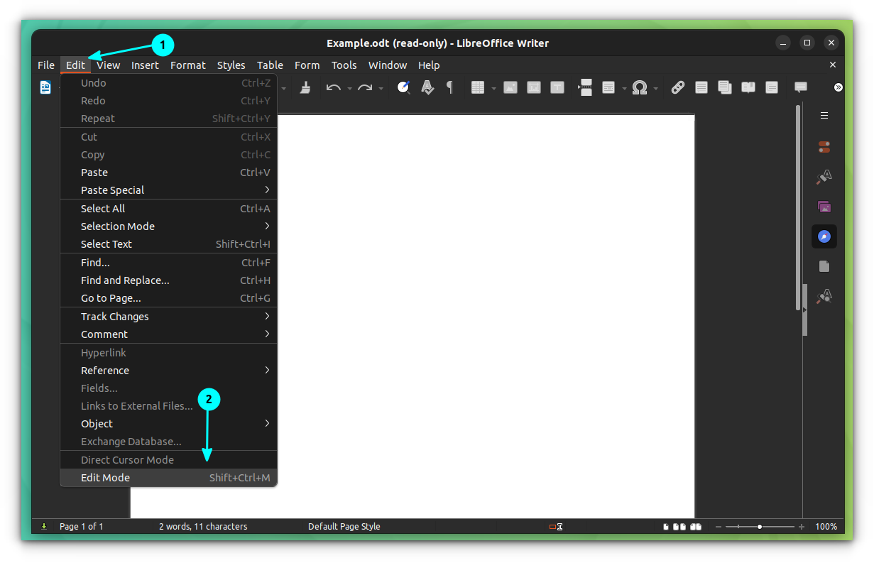 Go to edit mode on a read-only document through Edit - Edit mode