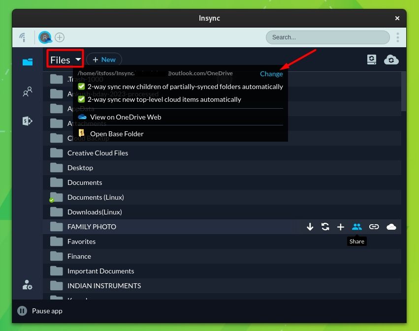 insync base folder change