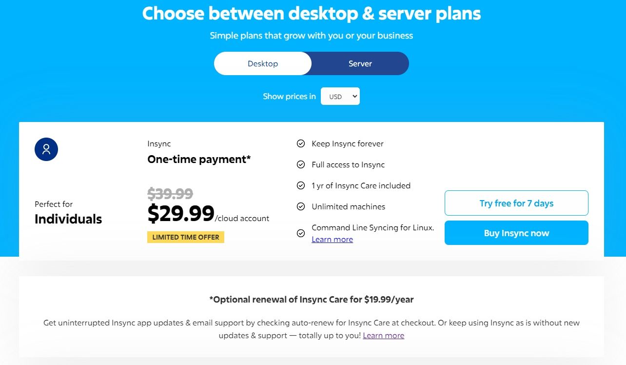 insync pricing page screenshot