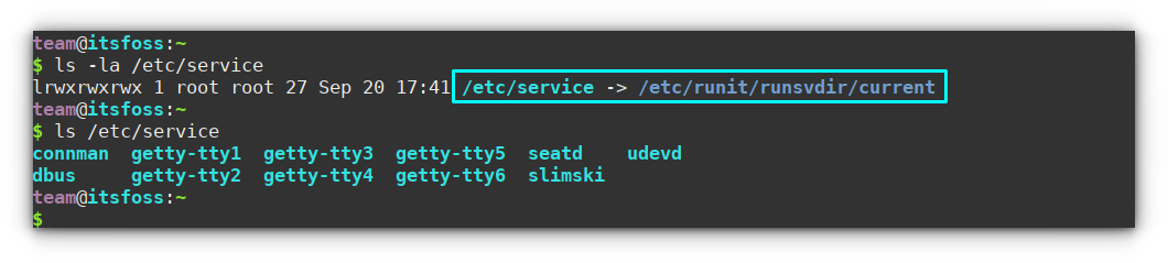 Listing Contents of /etc/service directory to show that the currently running services are accessible via the /var/service symlink.