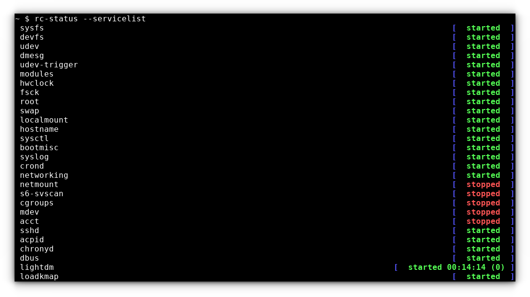 Show Service list in Open RC using rc-status --servicelist option