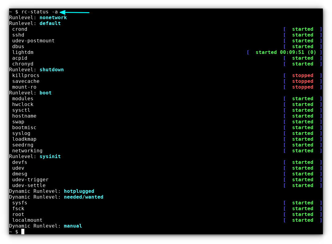 Show services from all runlevels using rc-statius with -a option