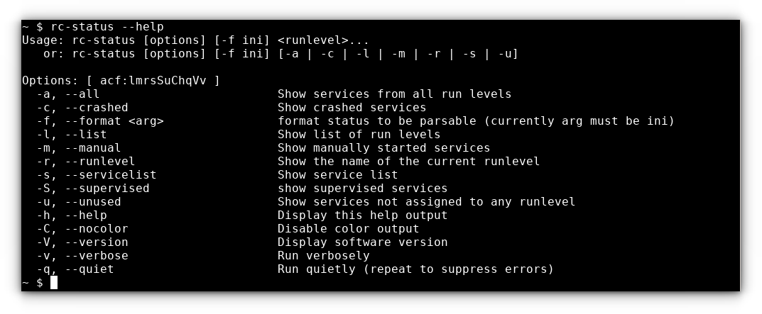 The help page of rc-status command, listing more available options.