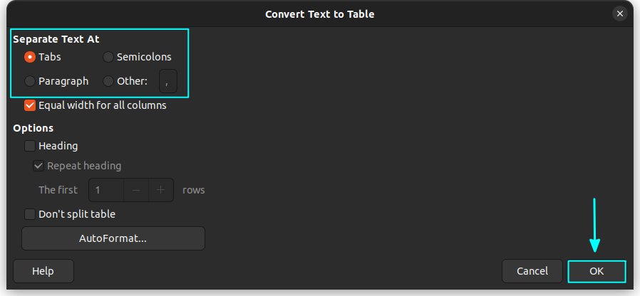 Text to table convert dialog box with various preferences