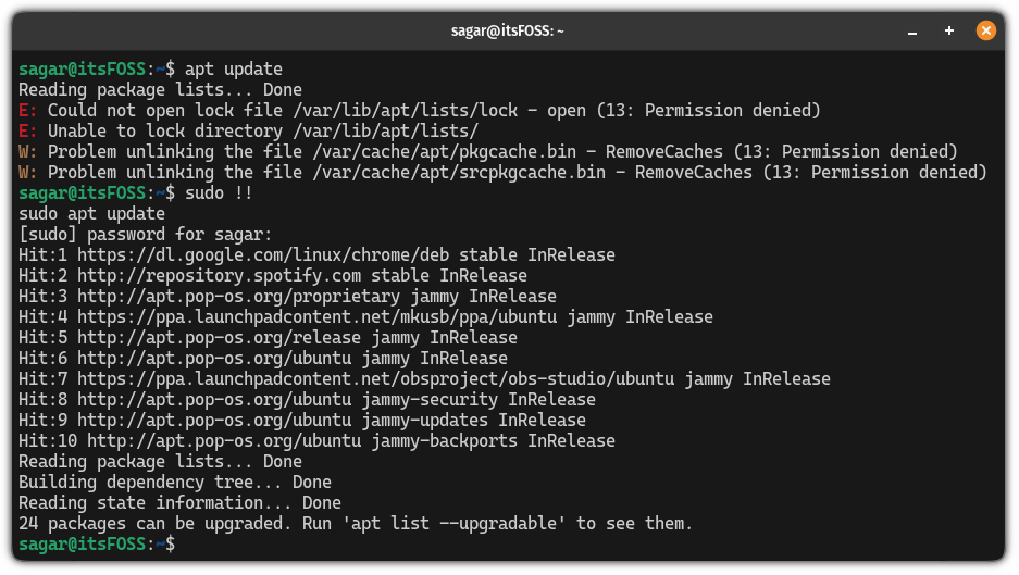 Practical use of the !! keyboard shortcuts in Linux terminal