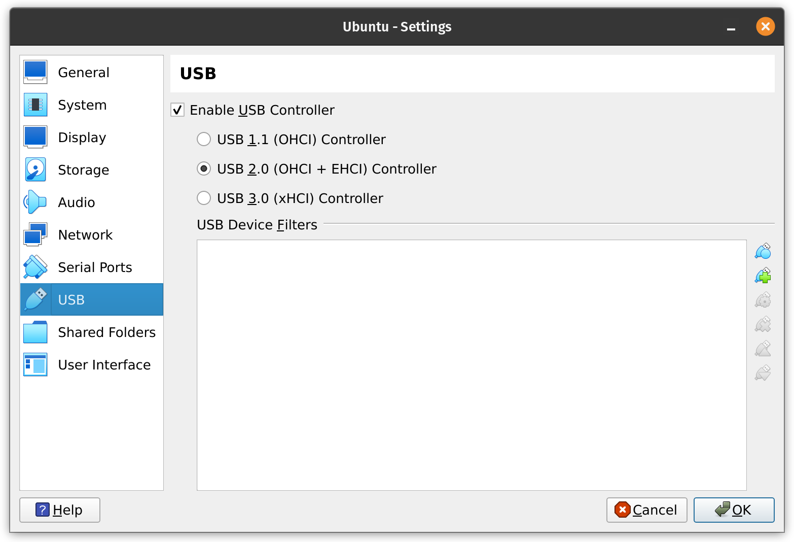 virtualbox usb devices settings