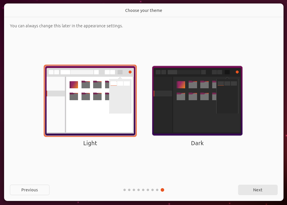 Capture d'écran de l'installation d'Ubuntu en choisissant le thème sombre et clair