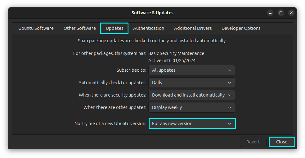 Select "For any new version" for Update notification in Software and Updates Application