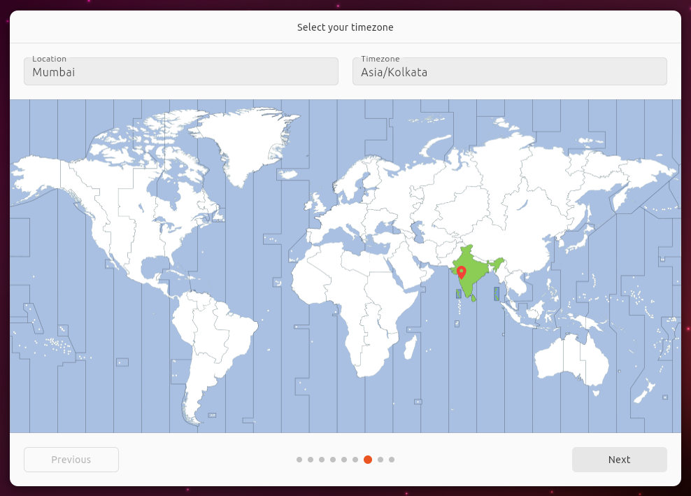 Capture d'écran de l'installation d'Ubuntu, configuration du fuseau horaire