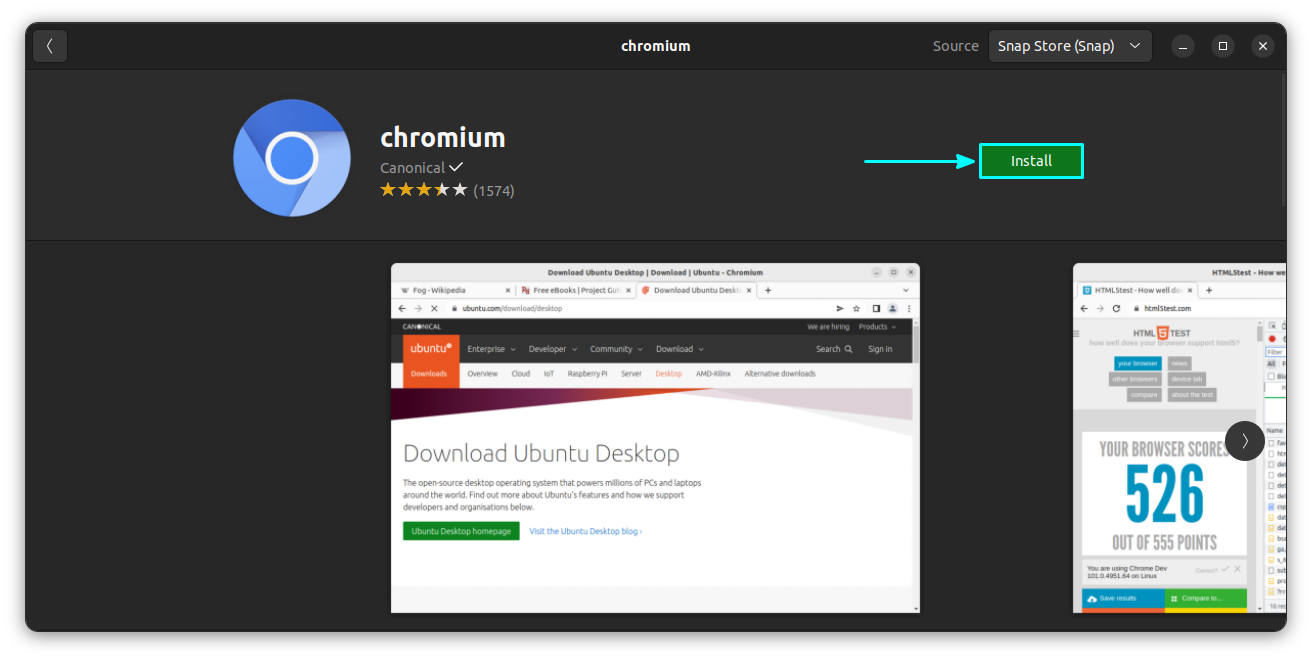 Click on the install button near the application name to install Chromium Browser