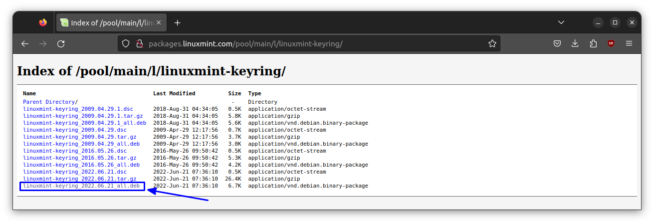 Download the deb file of Linux Mint Keyring from the Official repository