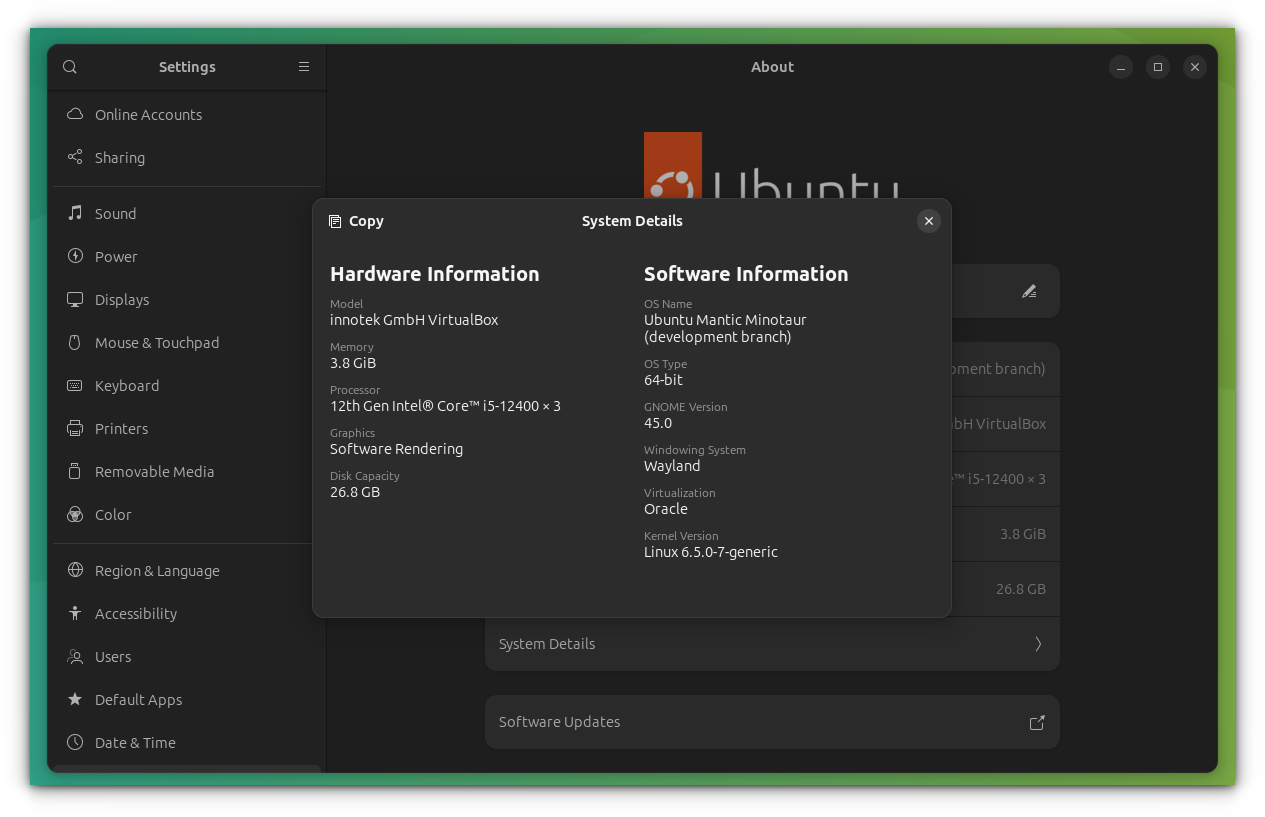 System Information page in Ubuntu 23.10 Mantic Minotaur