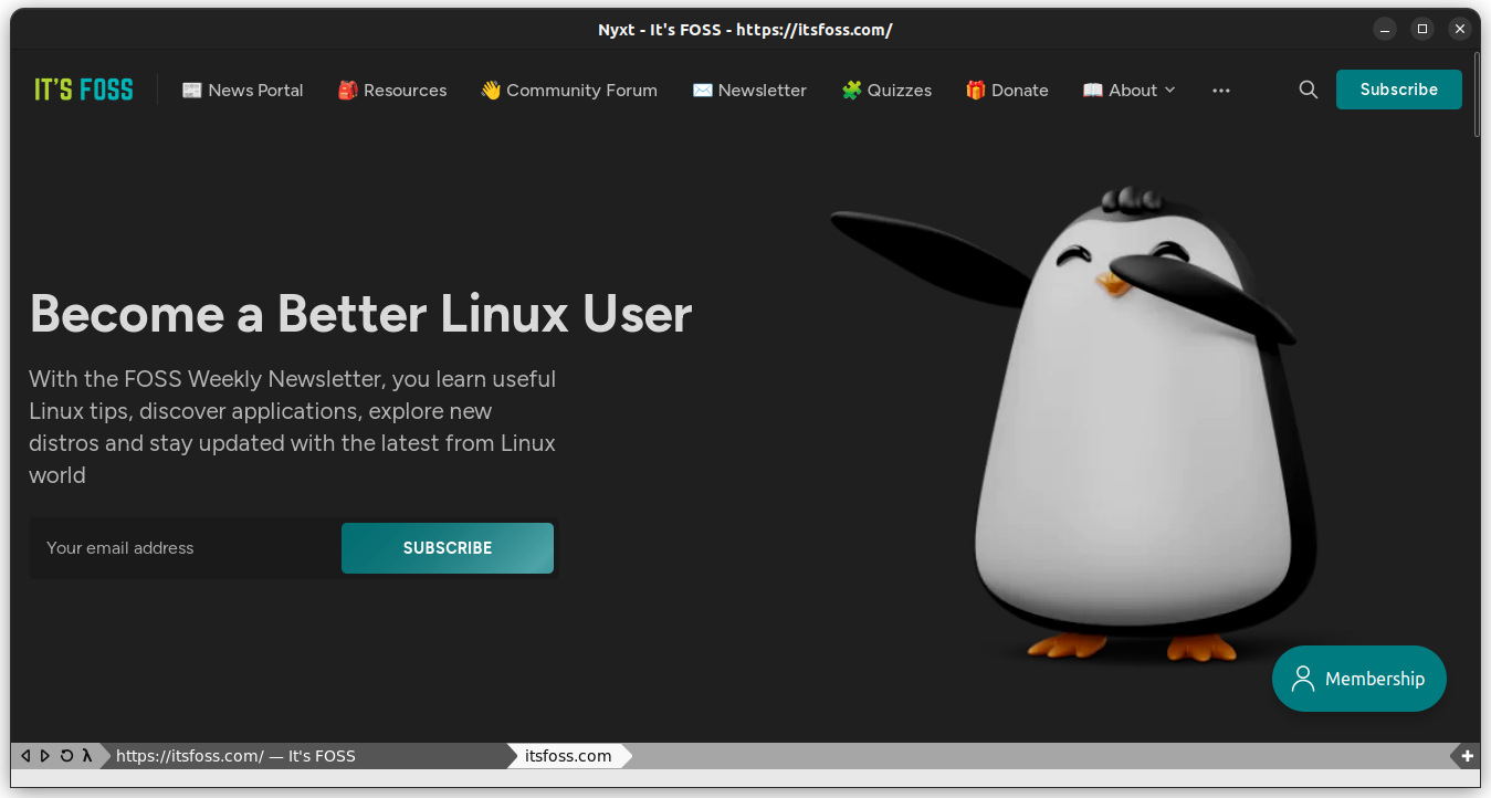 Nyxt Browser with It's FOSS Home page opened and Command mode active